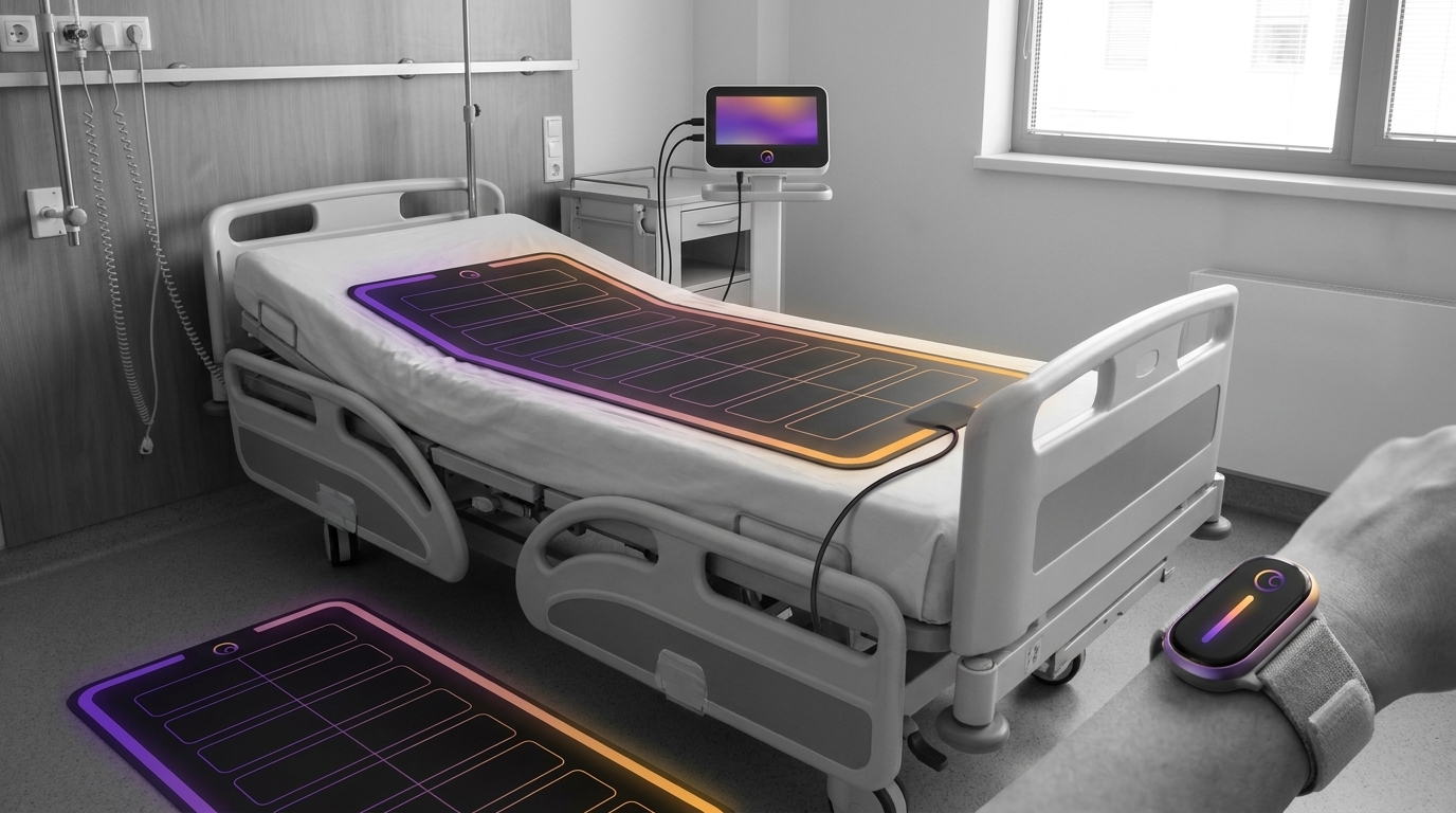 Bed and floor sensors glowing purple and amber, monitoring a resident's movement